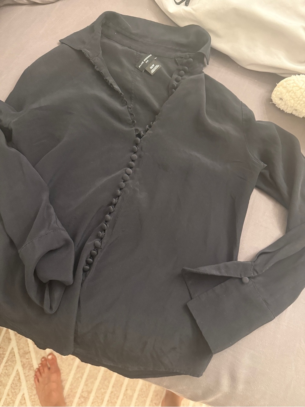 Club Monaco Black Silk-Look Button-Trim Blouse